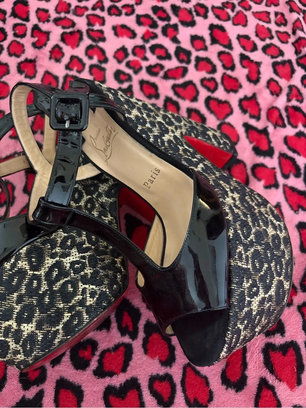 Christian Louboutin Black Patent & Gold Leopard Platform Wedge Sandals Size 39